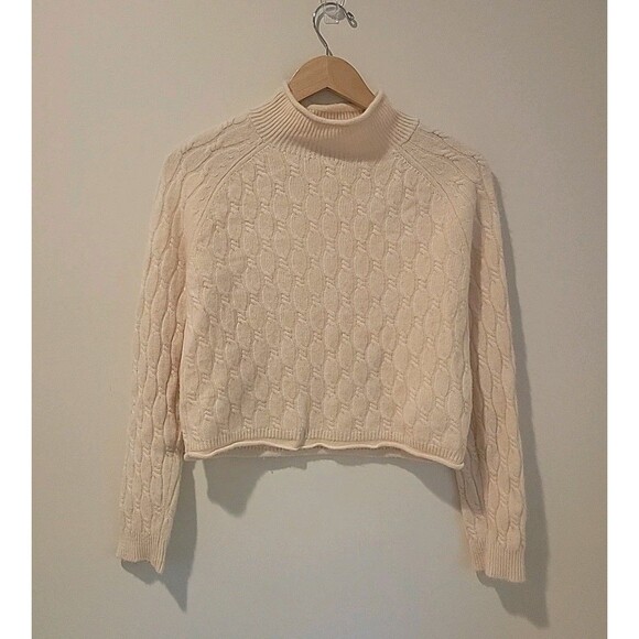 J.Crew Shrunken Cream Cashmere Cable-Knit Rollneck Cropped Sweater Size M - Picture 1 of 8